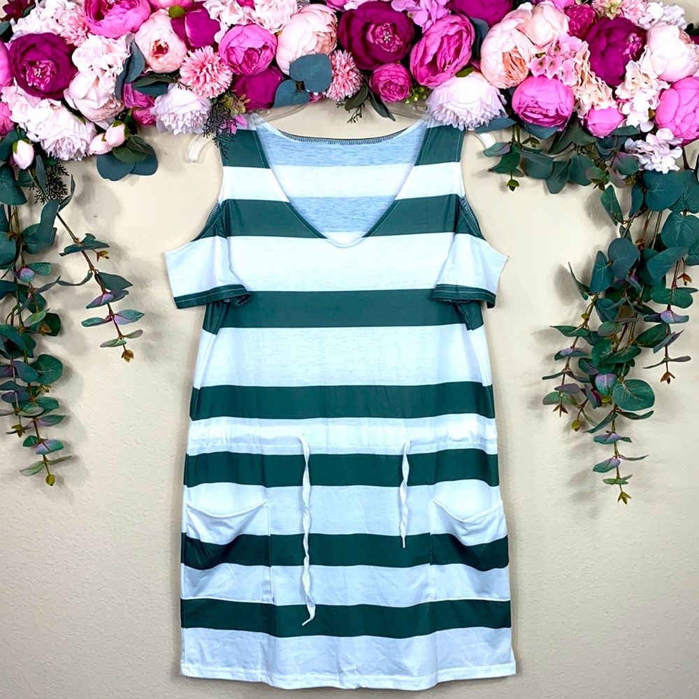 •summer• {green white} Rugby Stripe [drawstring waist] cold shoulder Mini Dress